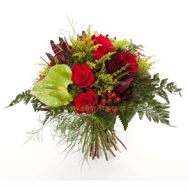 bouquet of anthurium, roses and greenery